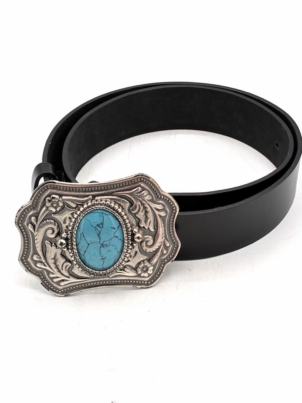 Western Belt Large Blue Stone Buckle Black Genuine Leather 32-36